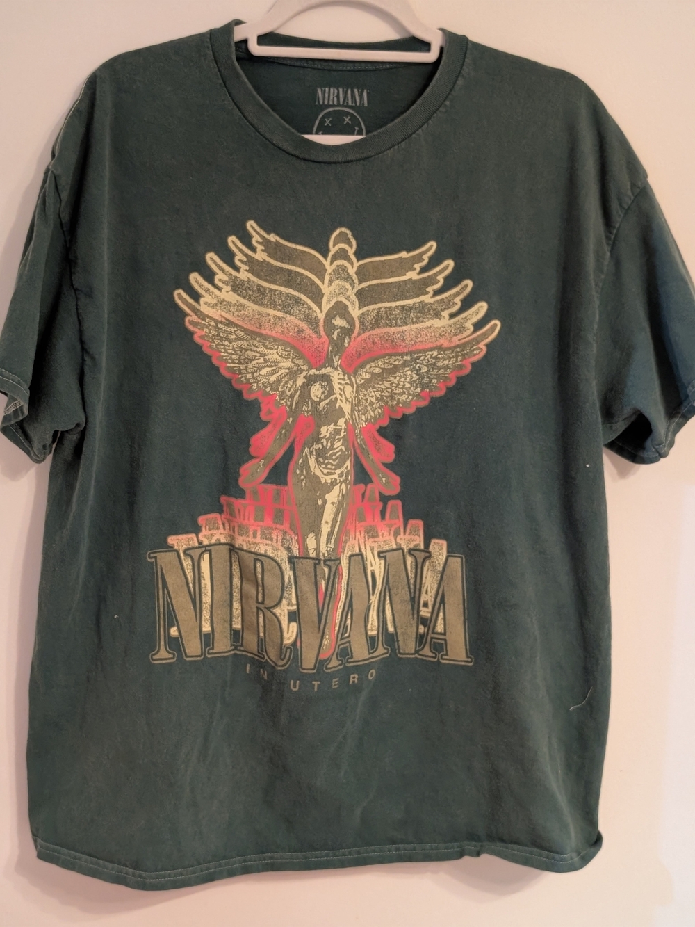 NIRVANA Dark Green Short-Sleeve Tee with Red & Cream Graphic